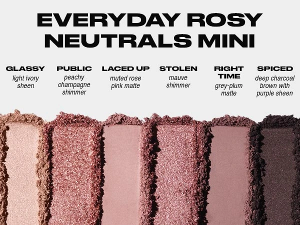 Everyday Rosy Neutrals Mini, showcasing all eyeshadows that are available in the palette.