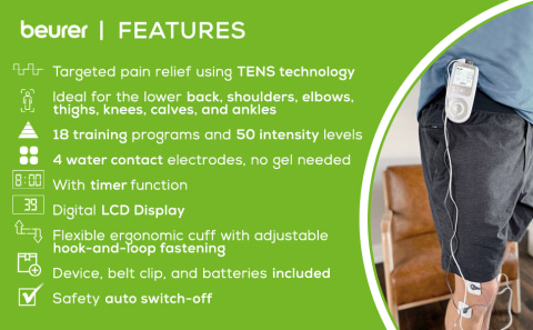 Beurer EM44 TENS - Estimulador muscular con 50 niveles de intensidad para  aliviar el dolor muscular, incluye 4 almohadillas TENS de electrodos, clip  para cinturón y baterías con máquina Tens : Salud y Hogar 