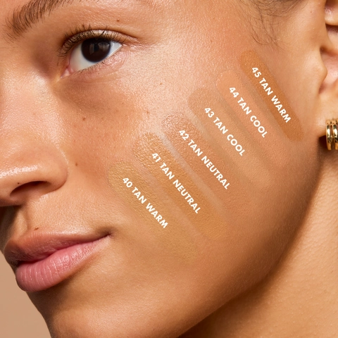 Soft Glam Satin Foundation tan shades on model