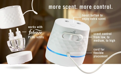 Works with Febreze Plug refills. Boost button to enjoy extra scent. Scent control from low, to medium, to high. Cord for flexible placement.