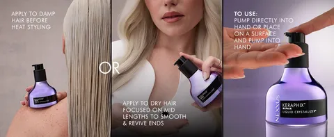 Steps to apply Keraphix Liquid Crystallizer: on damp hair, dry hair mid-lengths, and pump into hand.