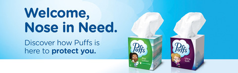 2 Puffs boxes featuring Puffs Plus Lotion and Puffs Ultra Soft. Text reads: &quot;Welcome Nose in Need. Discover how Puffs is here to protect you.&quot;