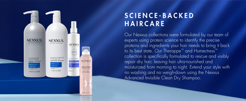 NEXXUS shampoo, conditioner & leave-in conditioner with white text about science-backed haircare.