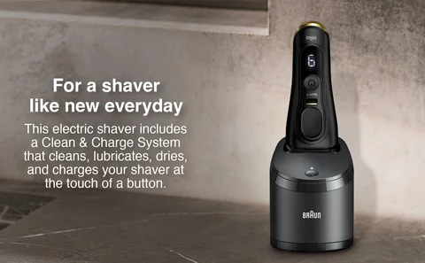 The Braun Series Sport+ 9 shaver includes a Clean &amp; Charge System that cleans, lubricates, dries and charges your shaver at the touch of a button.