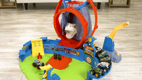 Hot Wheels Monster Truck T-Rex Volcano Arena Track Playset with
