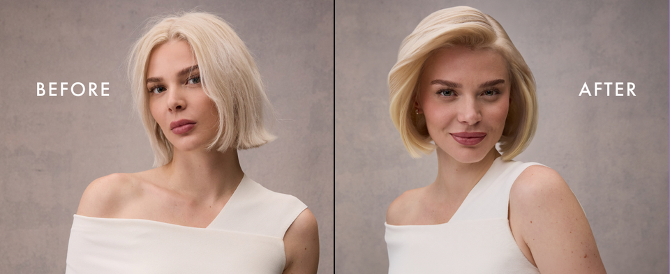 Before and after images of the same woman going from damaged to healthy-looking hair.