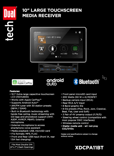 10.1 AV Media Receiver with Apple CarPlay, Android Auto and Camera Combo -  DCPA101