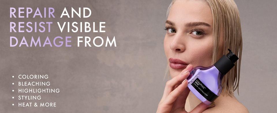 Nexxus Keraphix Liquid Crystallizer held near styled wet hair and visible damage causes.