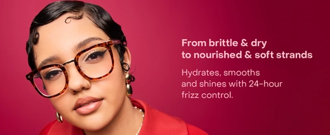 Image with woman with the text next to from brittle &amp; dry to nourished &amp; soft strands