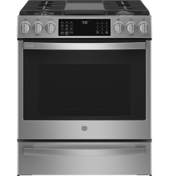 GE Profile 30-Inch 5 Burner 5.6 Cu Ft Self-Cleaning Air Fryer Convection  Oven Slide-In Gas Range PGS930YPFS