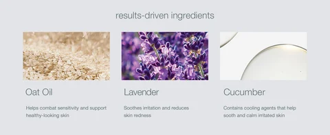 Skincare ingredients oat oil lavender and cucumber for calming and hydration