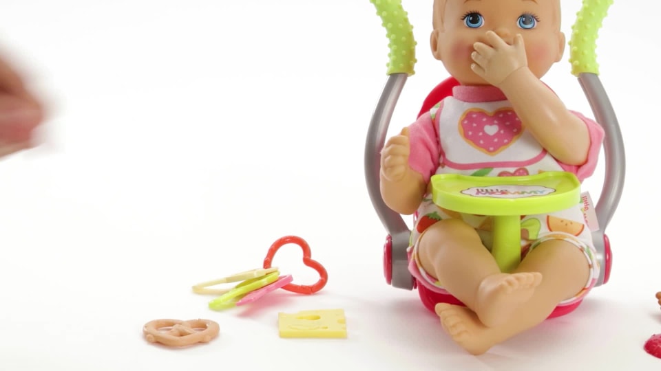 thumbnail video image 2 of Little Mommy Happy Snacktime Baby Doll & Accessories, 2 of 9