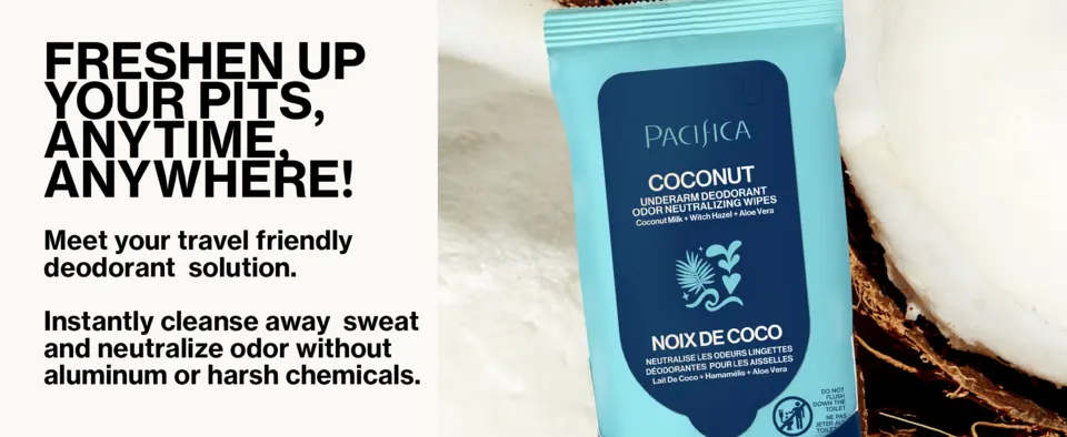 pacifica beauty deodorant wipes vegan cruelty free aluminum odor coconut milk witch hazel zinc neutralize travel underarms full body skin hydration