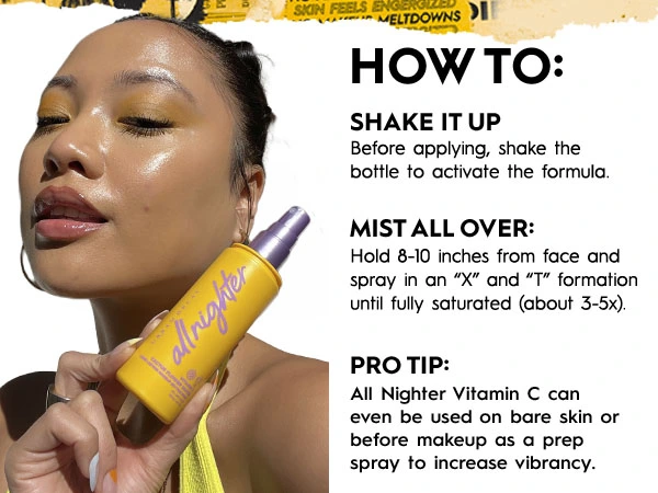 showcases model featuring all nighter setting spray vitamin C and how to use the product.