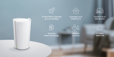 WiFi 6 Speeds up to 5,700 Mbps, coverage up to 10,000 sq. ft., connect up to 200 devices, AI Mesh