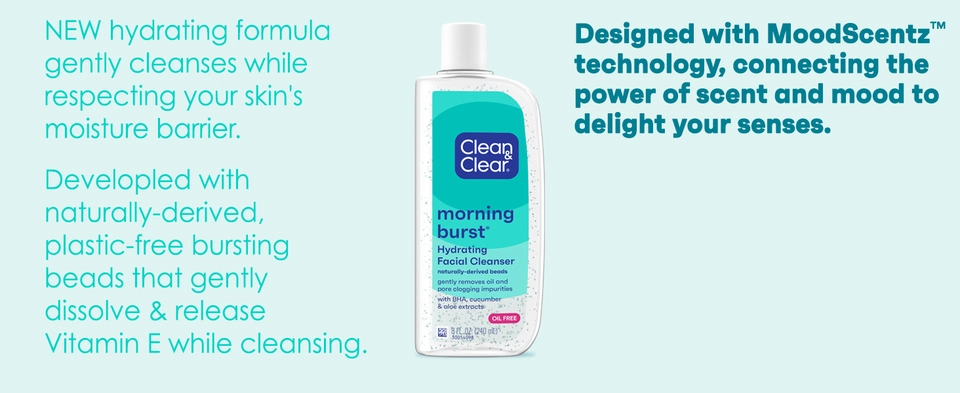 Bottle of Morning Burst hydratiung facial cleanser on teal background, with moodscentz technology