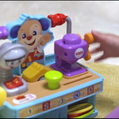 thumbnail video image 2 of Fisher-Price Laugh & Learn Busy Learning Tool Bench Pretend Construction Toy for Infant & Toddler, 2 of 7