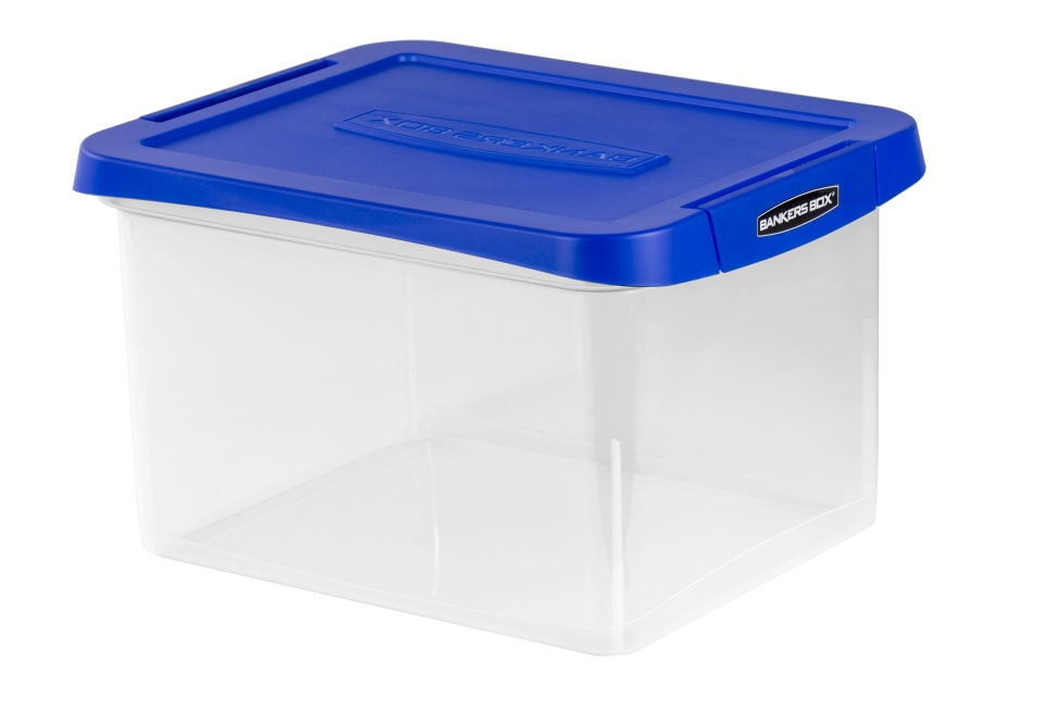 Bankers Box Heavy Duty Plastic Storage Bin Extra Deep 20 Letter size 10 38  x 14 14 TAA Compliant ClearBlue Pack of 1 - Office Depot