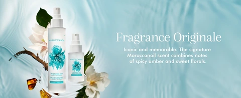 Moroccanoil Brumes du Maroc fragrance mist bottles with floral elements and signature amber floral scent description