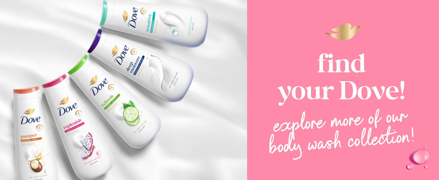 Dove body wash bottles rest on silky white fabric, with a pink background &amp; dove emblem.