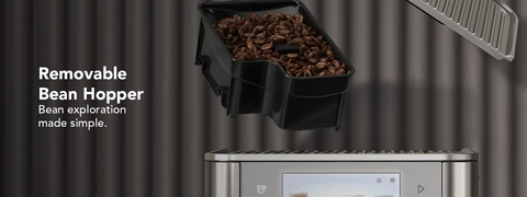 Close up image of removable bean hopper on KF8 Fully Automatic Espresso Machine.