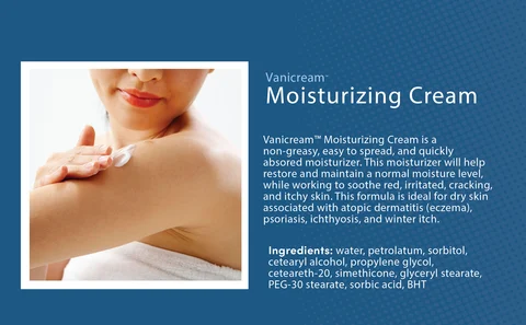 Vanicream™ Moisturizing Cream is a non-greasy, easy to spread, and quickly absorbed moisturizer. This moisturizer will help restore and maintain a normal moisture level, while working to soothe red, irritated, cracking, and itchy skin. This formula is ideal for dry skin associated with atopic dermatitis (eczema), psoriasis, ichthyosis, and winter itch. Ingredients: water, petrolatum, sorbitol, cetearyl alcohol, propylene glycol, ceteareth-20, simethicone, glyceryl stearate, PEG-30 stearate, sorbic acid, BHT.