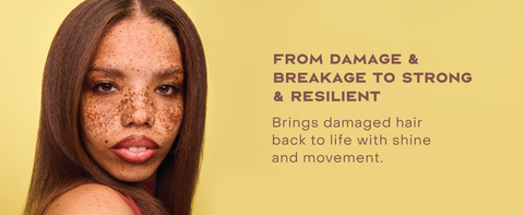 Image of a woman with straight hair, next to text highlighting some benefits of our conditioner.