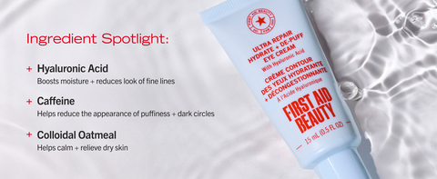 Hydrate + Depuff Eye Cream in water with ingredient call outs for hyaluronic acid and caffeiene