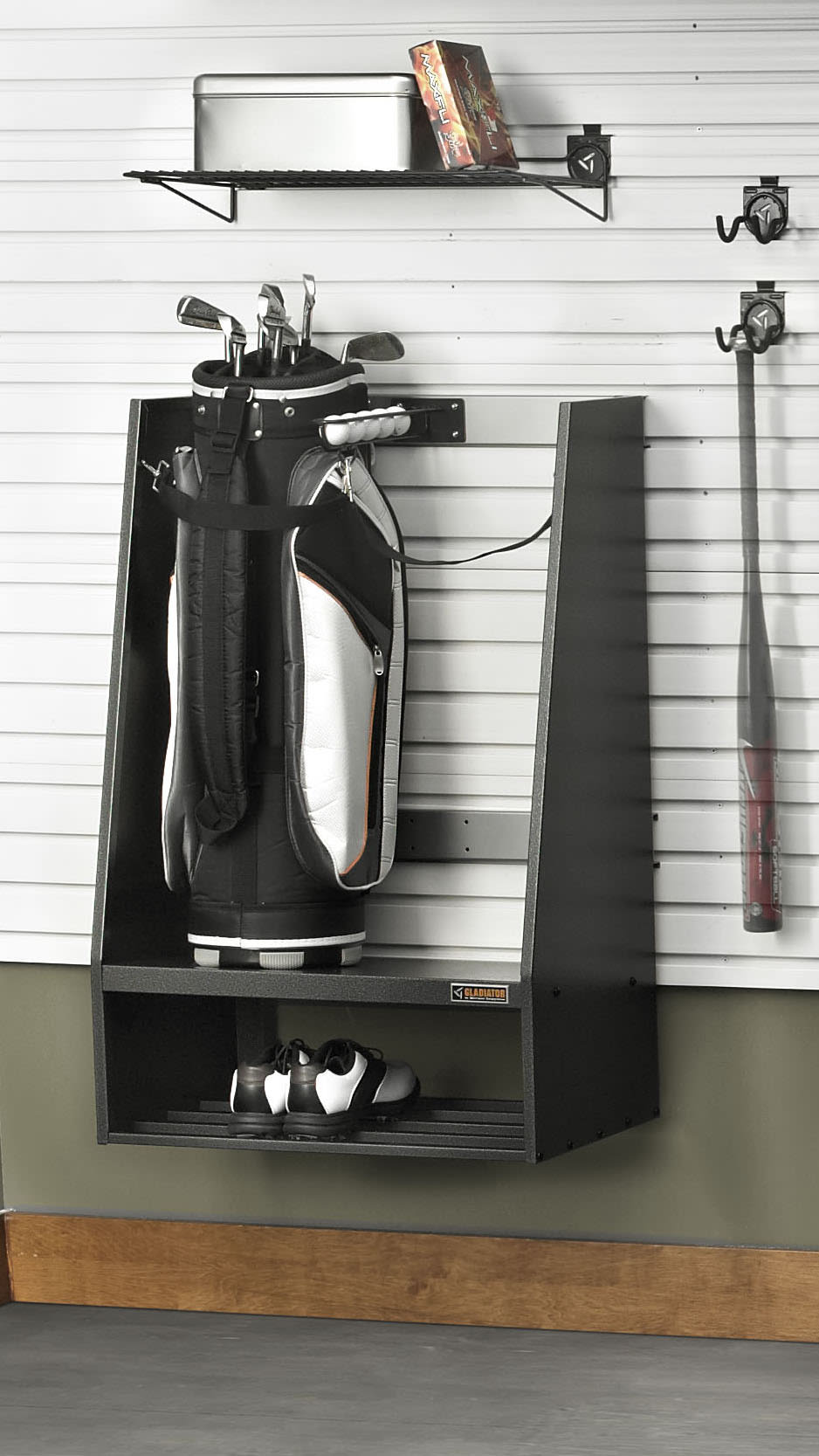gladiator garage shoe rack on Gladiator Geartrack Golf 27 5 In Hammered Granite Steel Golf Bag Caddy In The Slatwall Rail Storage Systems Department At Lowes Com