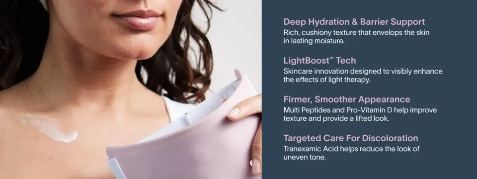 Model applying cream to neck with key benefits listed.