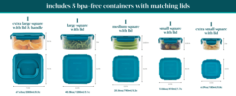 Rachael Ray Leak-Proof Nestable Container Food Storage Bin Set, 10-Piece  Square, Teal Lid