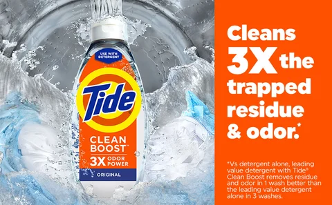 Cleans 3x the trapped residue &amp; odor.*Vs detergent alone, leading value detergent with Tide® Clean Boost removes residue and odor in 1 wash better than the leading value detergent alone in 3 washes.