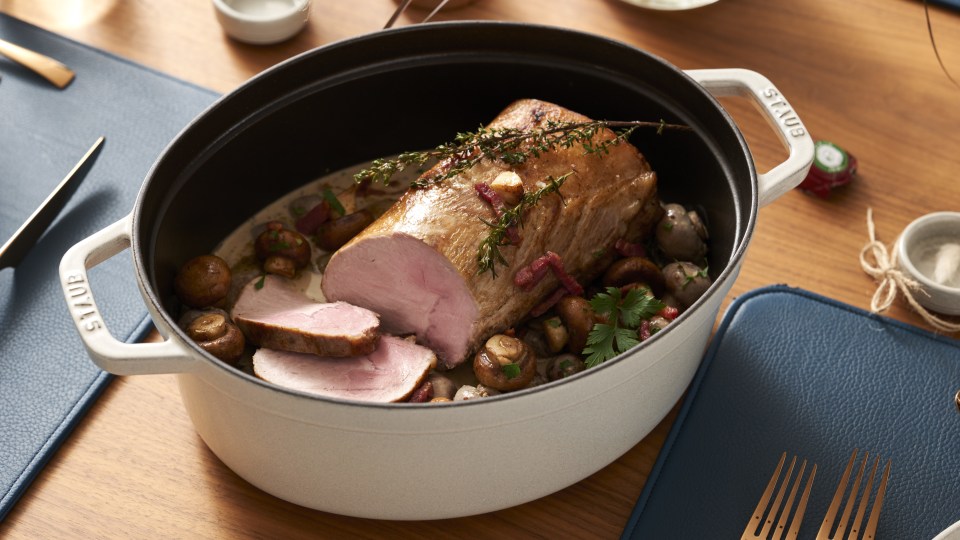 thumbnail video image 2 of Staub Cast Iron 5.75-qt Coq au Vin Cocotte - Dark Blue, 2 of 3