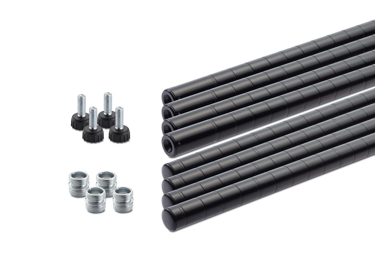 Black powder coated top and bottom poles with feet levelers and pole connectors