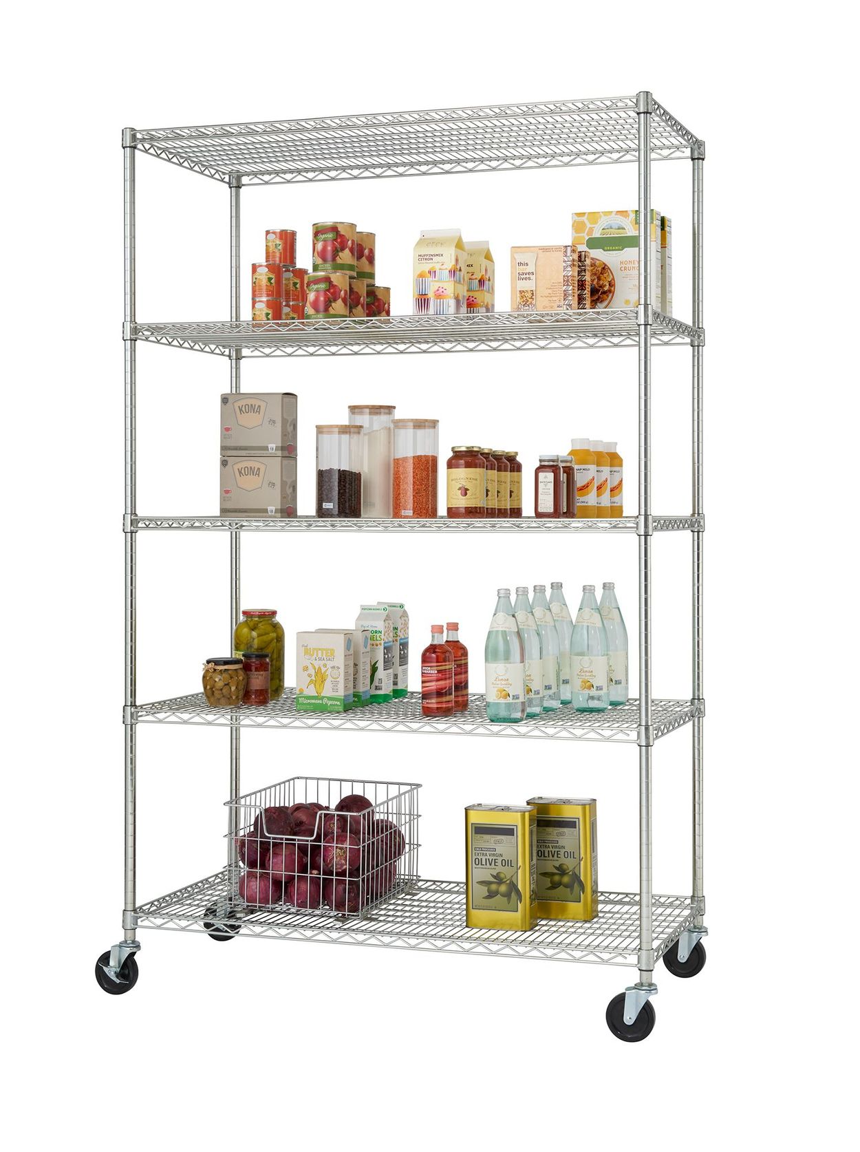rolling cart with drawers costco on Trinity Ecostorage 5 Tier Wire Shelving Rack 48 X 24 X 72 Nsf Includes Wheels Chrome Costco
