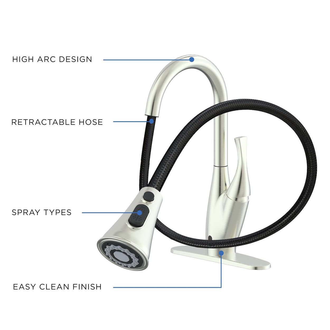 high arc design retractable hose spray types easy clean finish