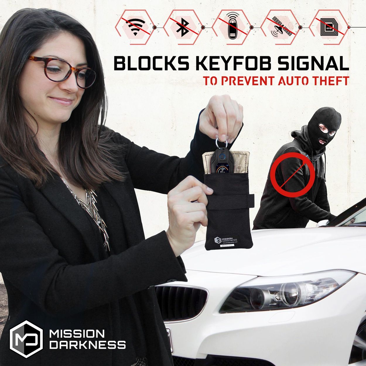 Blocks Keyfob signal, to prevent auto theft.