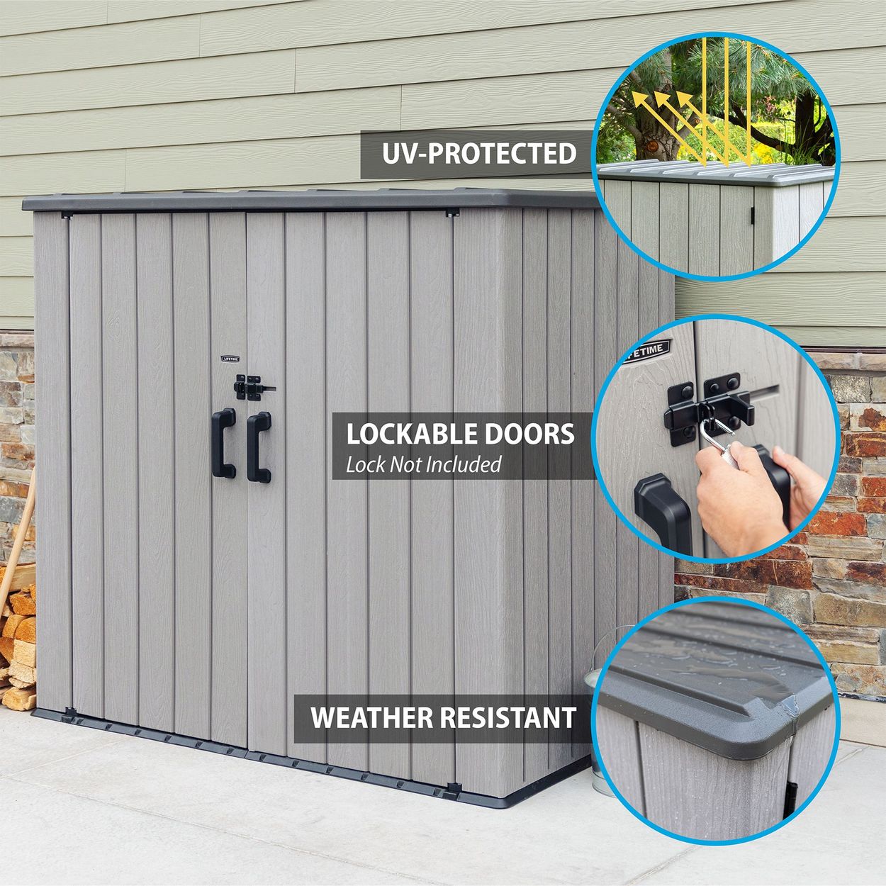 3/4 view of the utility shed and 3 bubbles showing the UV-Protection, Lockable Doors (Lock not included), and Weather resistant.