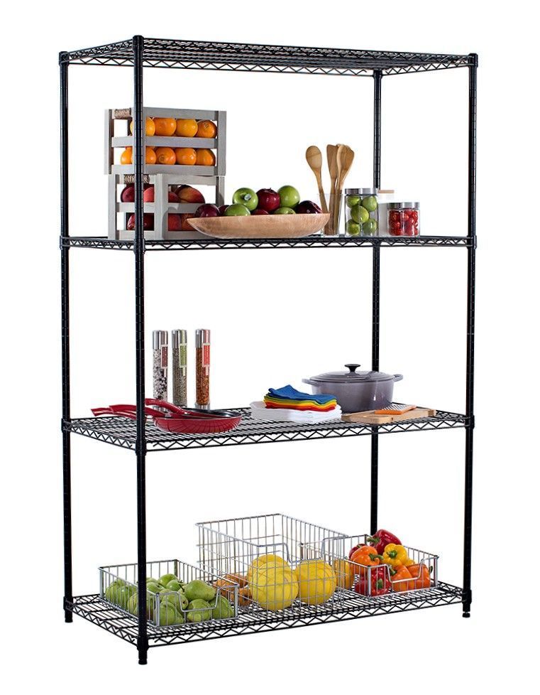 Black wire shelving unit used in the kitchen