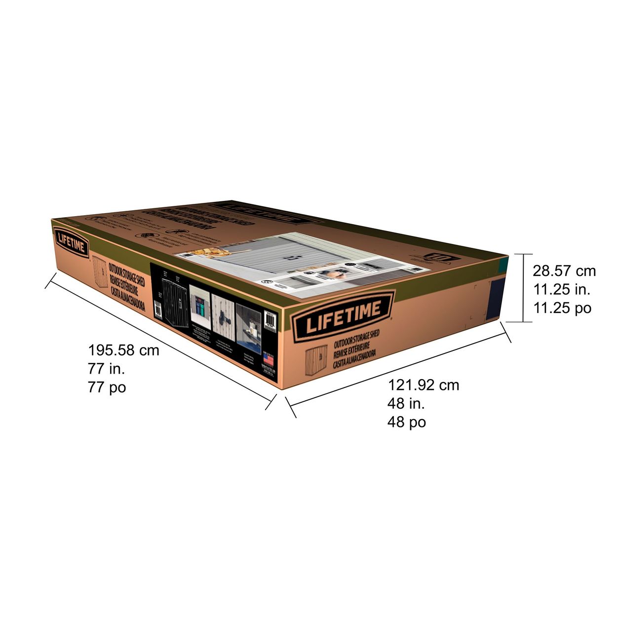Product in box showing package dimensions in imperial and metric measurements.