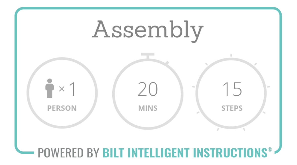 Assembly time: 20 mins, 15 steps and 1 person recommended