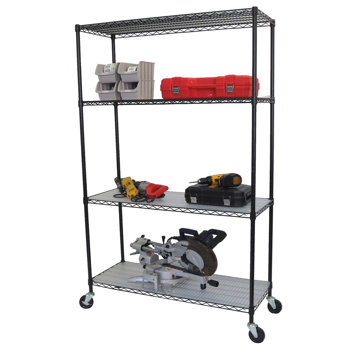 wire shelving unit used in garage