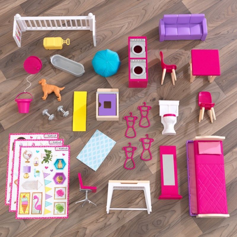 26 accessories pieces including 100 resuable cling stickers and furniture with hidden storage