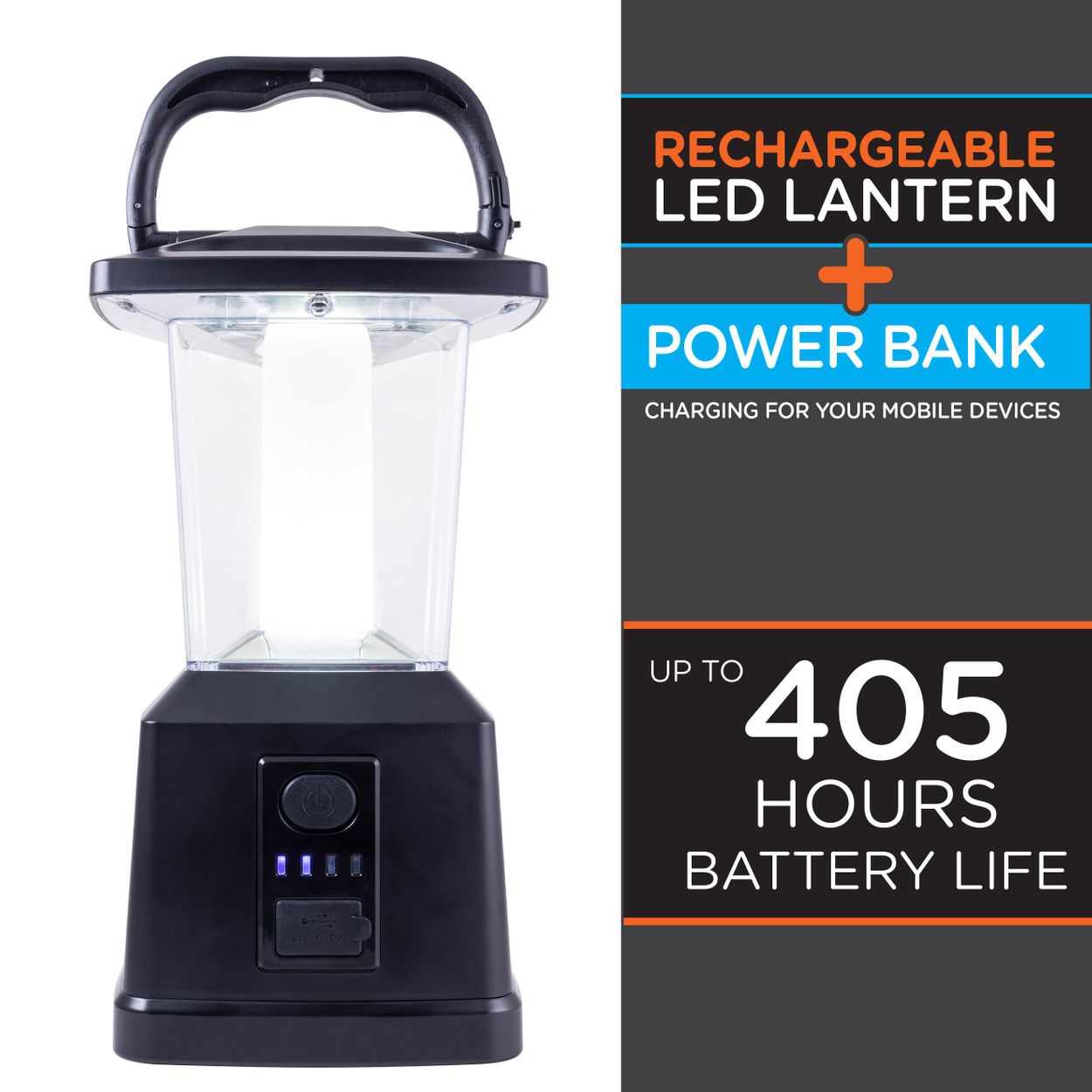 lantern with a graphic showing lumens and battery life