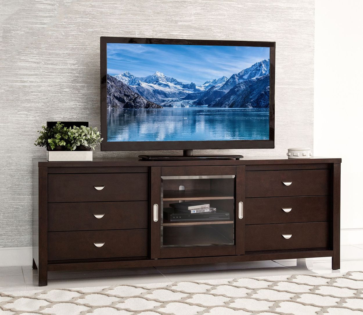 SOLD OUT Navy Nine Drawer Wood Dresser Media Cabinet with a power box. Media Console