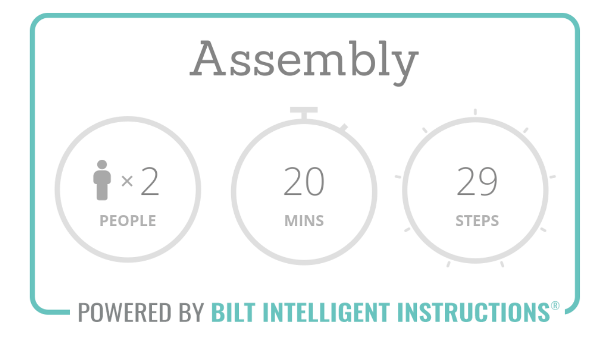 Assembly Overview: 2 people recommended, 20 mins assembly time, 29 total steps