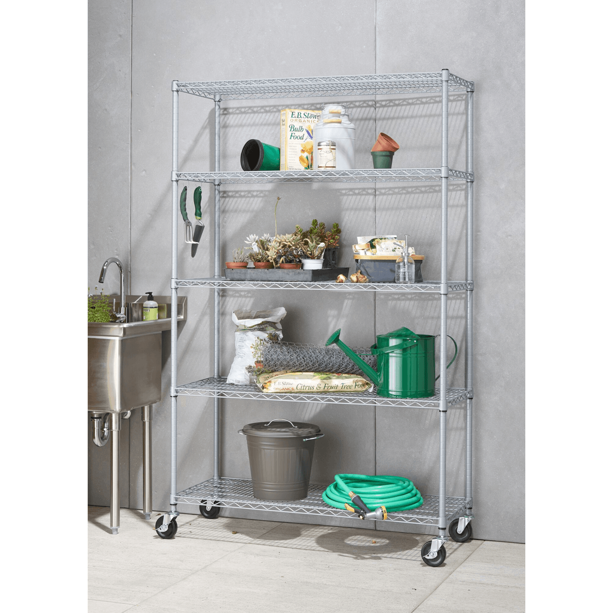 Outdoor Wire Shelving Rack With Wheels, 5 Tier Wire Shelving