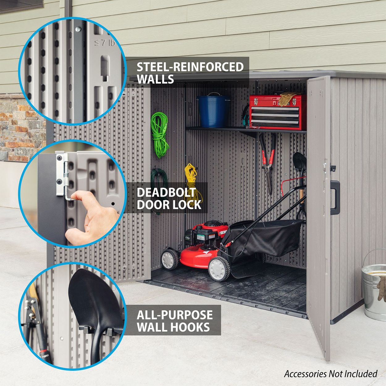 Open Utility shed showing a mower and items on the shelf inside, along with 3 information bubbles showing Steel-Reinforced Walls, deadbolt door lock, and All-Purpose wall hooks.