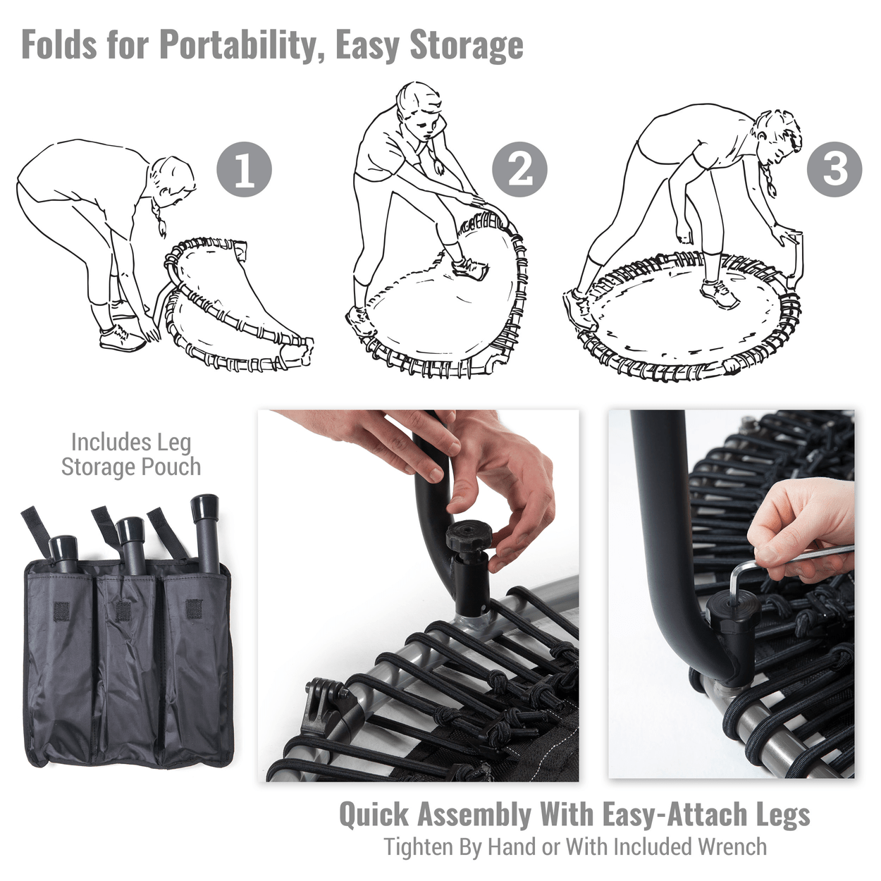 Folds for Portability, Easy Storage, Includes Leg Storage Pouch, Quick Assembly with Easy-Attach Legs, Tighten Leg with Included Wrench