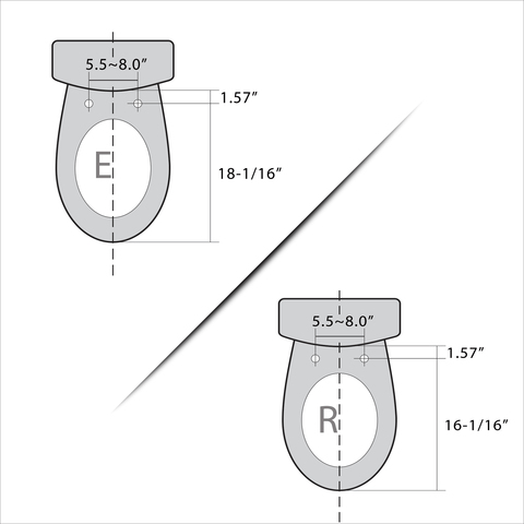 Available in Elongated and Round.  Requires a distance of 5.5"-8" between the toilet seat bolt holes, and a minimum distance of 1.5" between the toilet seat bolt holes and toilet tank. Elongated toilets measure about 18" long, while Round toilets meausure about 16" long
